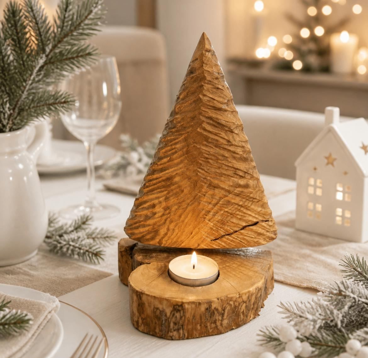 Handmade Carved Olive Wood Christmas Tree Tea Light Holder