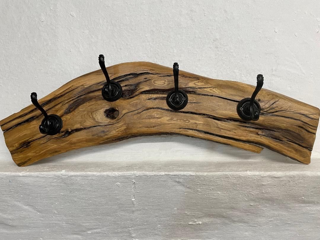 Olive Wood 4-Hook Hat & Coat Rack