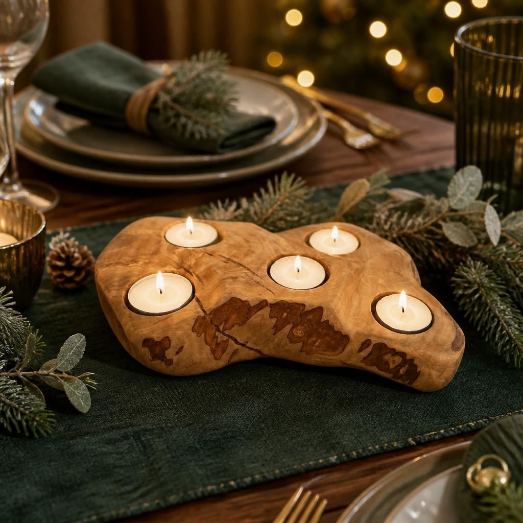 Olive Wood Five Tealight Candle Holder